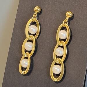 Avon Gold Tone Dangle Earrings Faux Pearls Triple Link Chain Stud Back Vintage